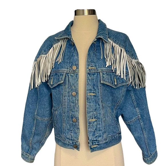 Get Used by Blue Jean Jacket White Fringe Details Size Small Blue in Color - Picture 1 of 5
